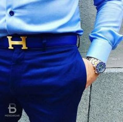 Buy Replica - Hermes Blue Leather Belt with Rose Gold 'H' buckle